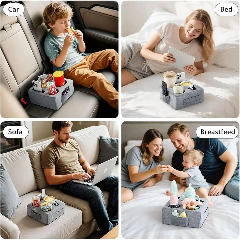 Couch Cup Holder Tray, Couch Cup Holder Pillow with 4 Holes, Side Pocket and Handle, Couch Caddy Pillow for Drinks/Remote Contro