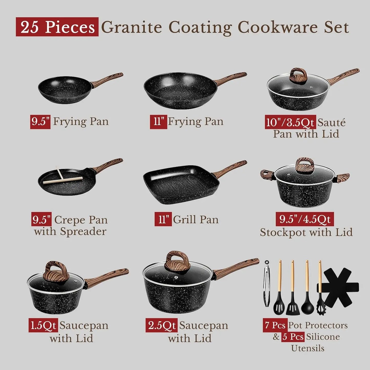 25-Piece Nonstick Ceramic Cookware Set, Healthy & Induction Compatible, PFAS-Free, Classic Black