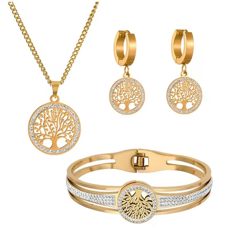 4pcs/Set Stainless Steel Hollow  Tree Of Life Peace Pendant Necklace Bracelet Earrings Ladies Wedding Jewelry Set