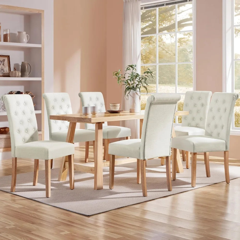 Dining Chair Set, 6 Upholstered Fabric Chairs, Button-up Tufted High Backs, Solid Wood Legs, Modern Style, Beige
