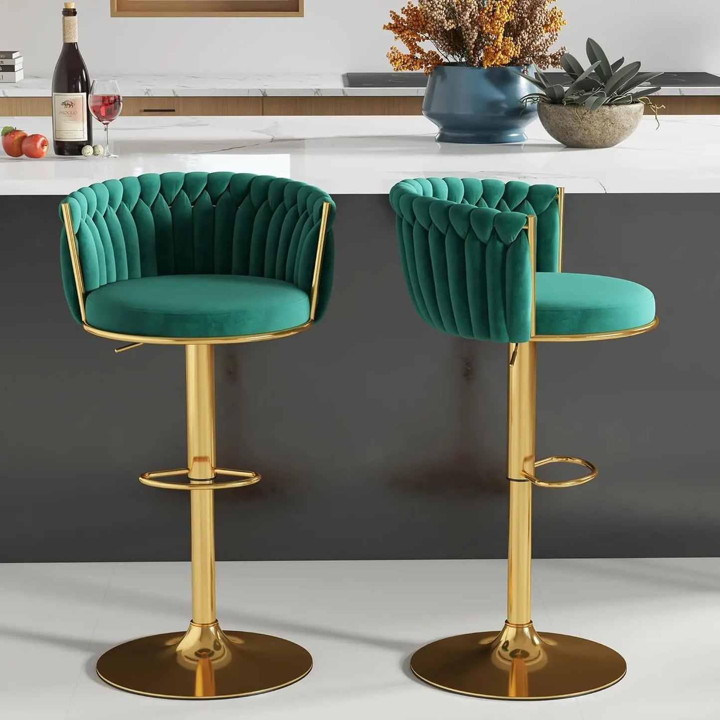 Gold Bar Stools Set of 2, Velvet Hand-Woven Barstools, Seat Height 27″ Counter Stools with Upholstered Backrest, Modern Luxuriou