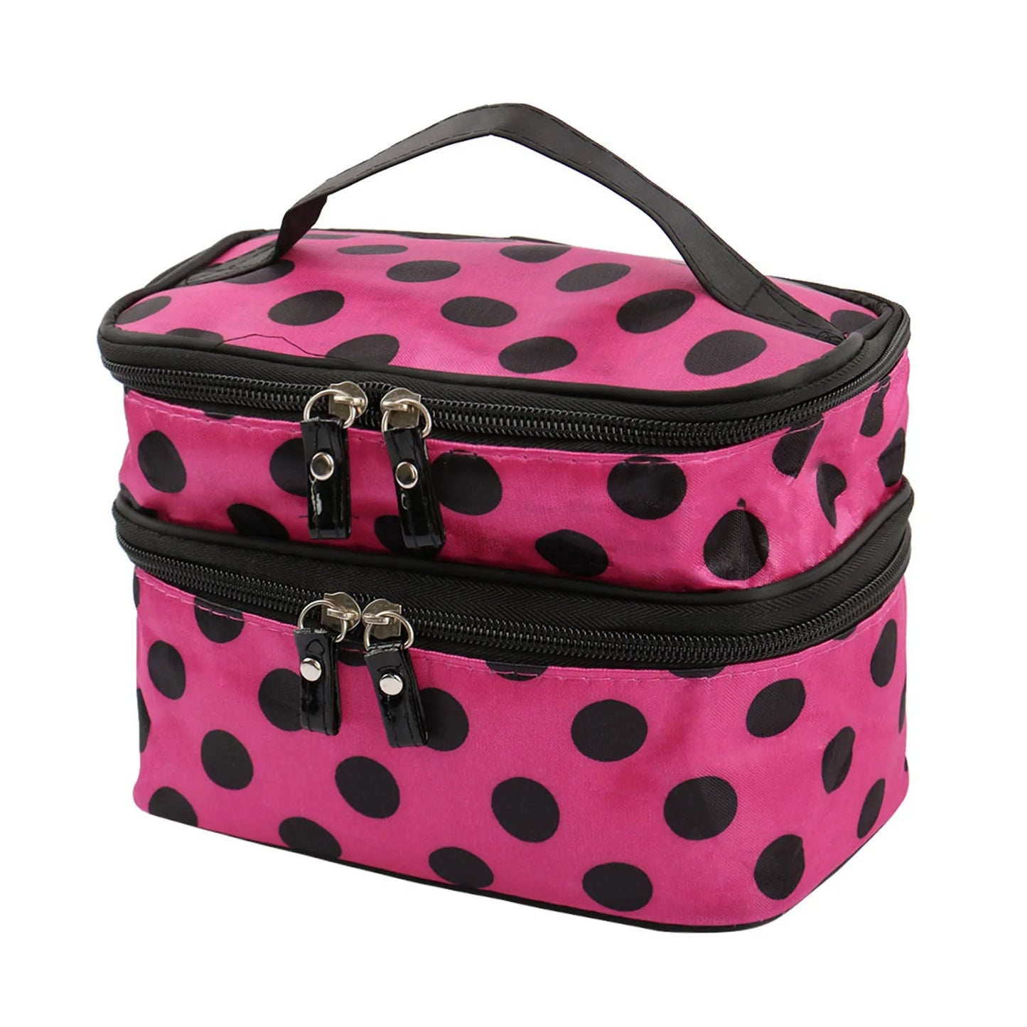 Women'S Travel Cosmetic Makeup Bag Organizer Double Layer Dot Pattern Toiletry Bag Case Pouch With Mirror For Woman