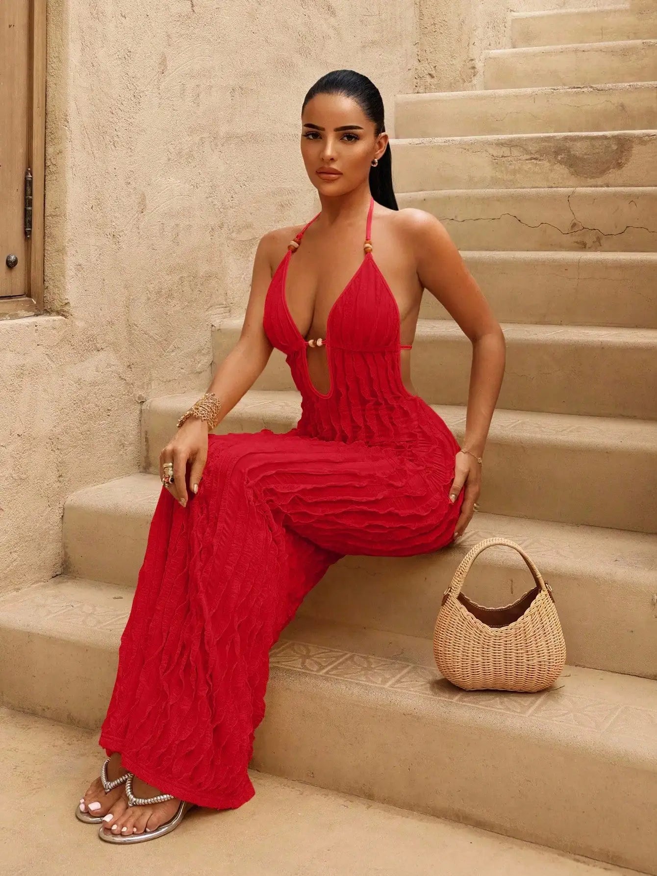 Women's Yellow Deep V Halter Neck Ruched Long Dress with Beaded Detail, Beach Vacation Style