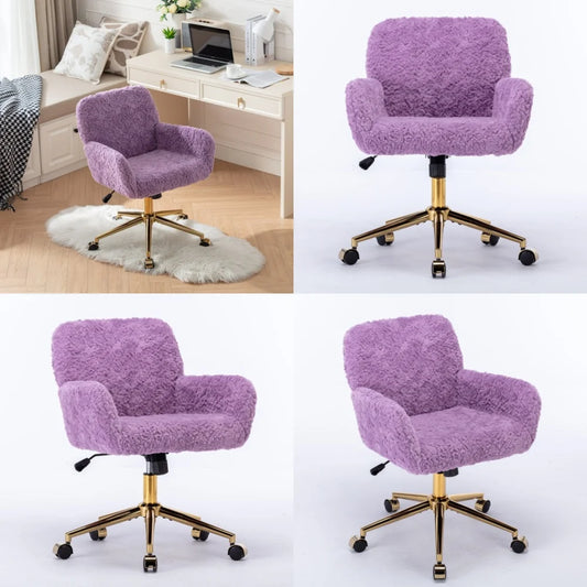Living Room ChairsLuxury Swivel Office Chair with Plush Rabbit Fur Desk Chair for Home or Vanity Purple Elegant Design
