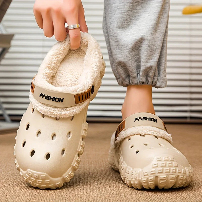 Unisex lined hole shoes, winter removable thick sole slippers with warm lining for outdoor use, thick and warm cold-proof