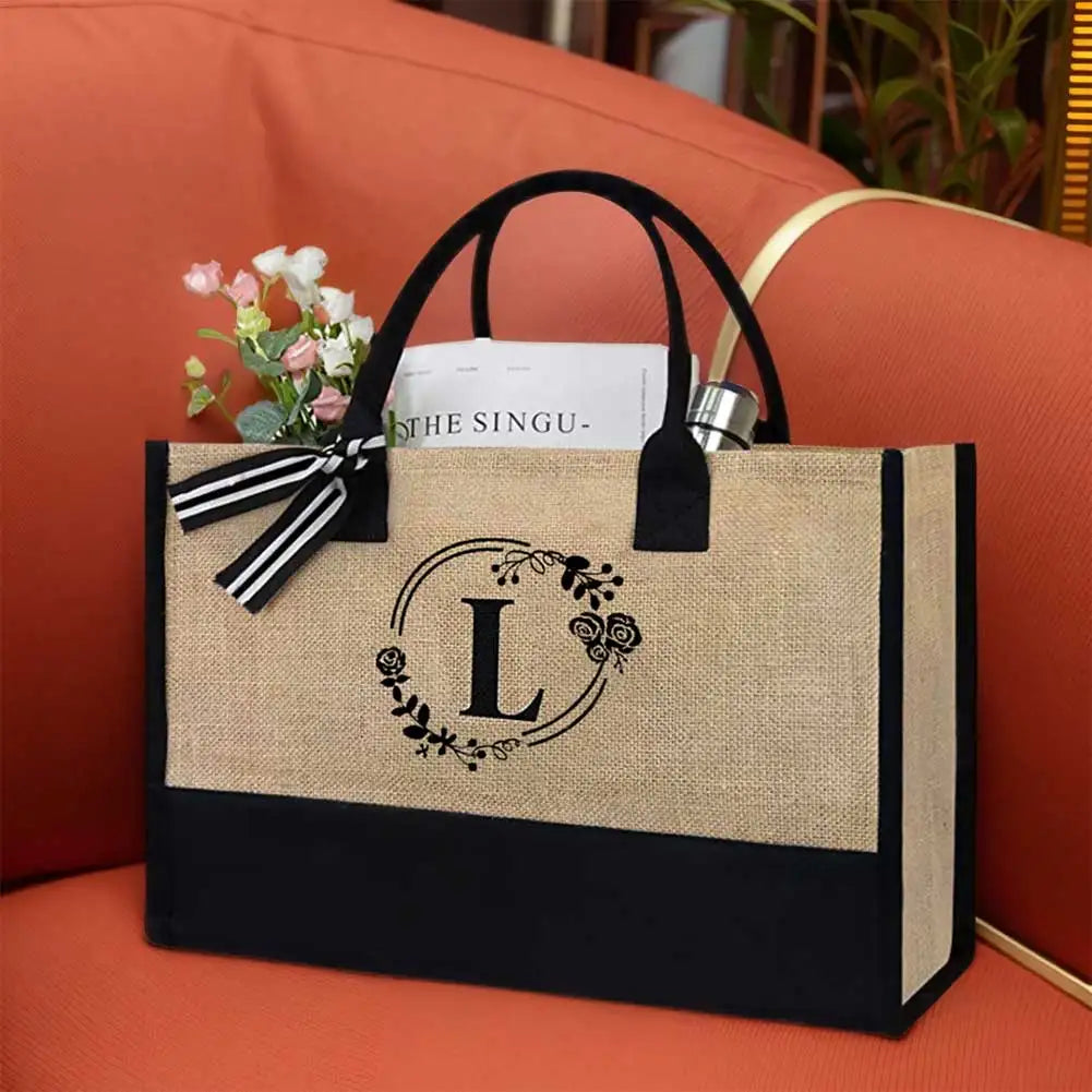 Women Jute Tote Bag Fashion Shopping Bag with Letter Stylish Commuting Bag Linen Travel Handbag for Teachers Friends Bridesmaids