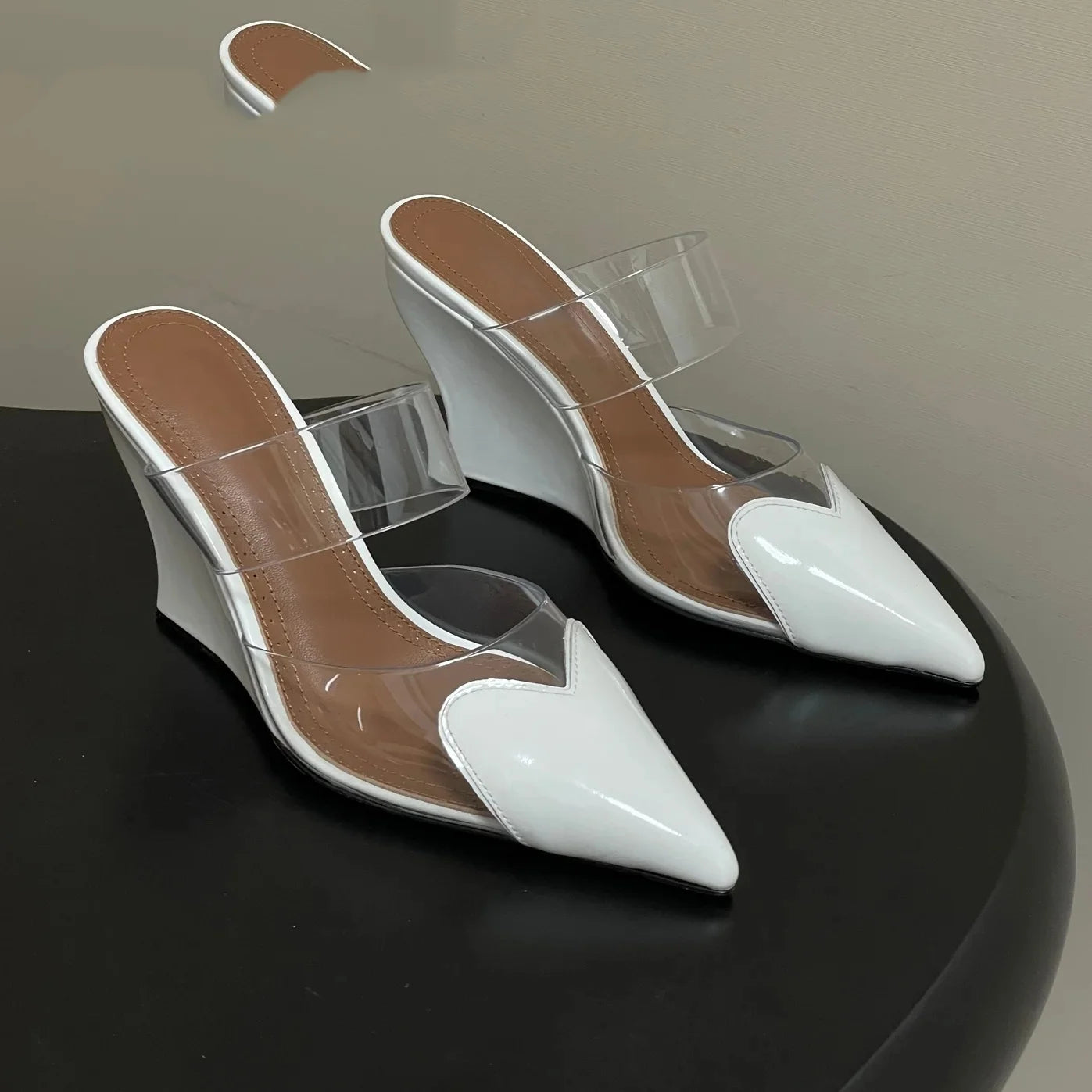 Newest Spring Summer Women's High Heel Slippers Genuine Leather Pointed-Toe Wedge Heel Slip-On Sandals Chic Style Bota Feminina