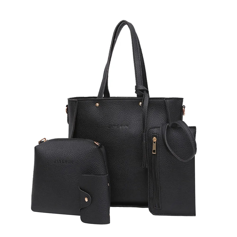 New 2024 New Large Capacity Lychee Pattern Handbags Women'S European And American Retro Fashion Tassel Four-Piece Women'S Bag