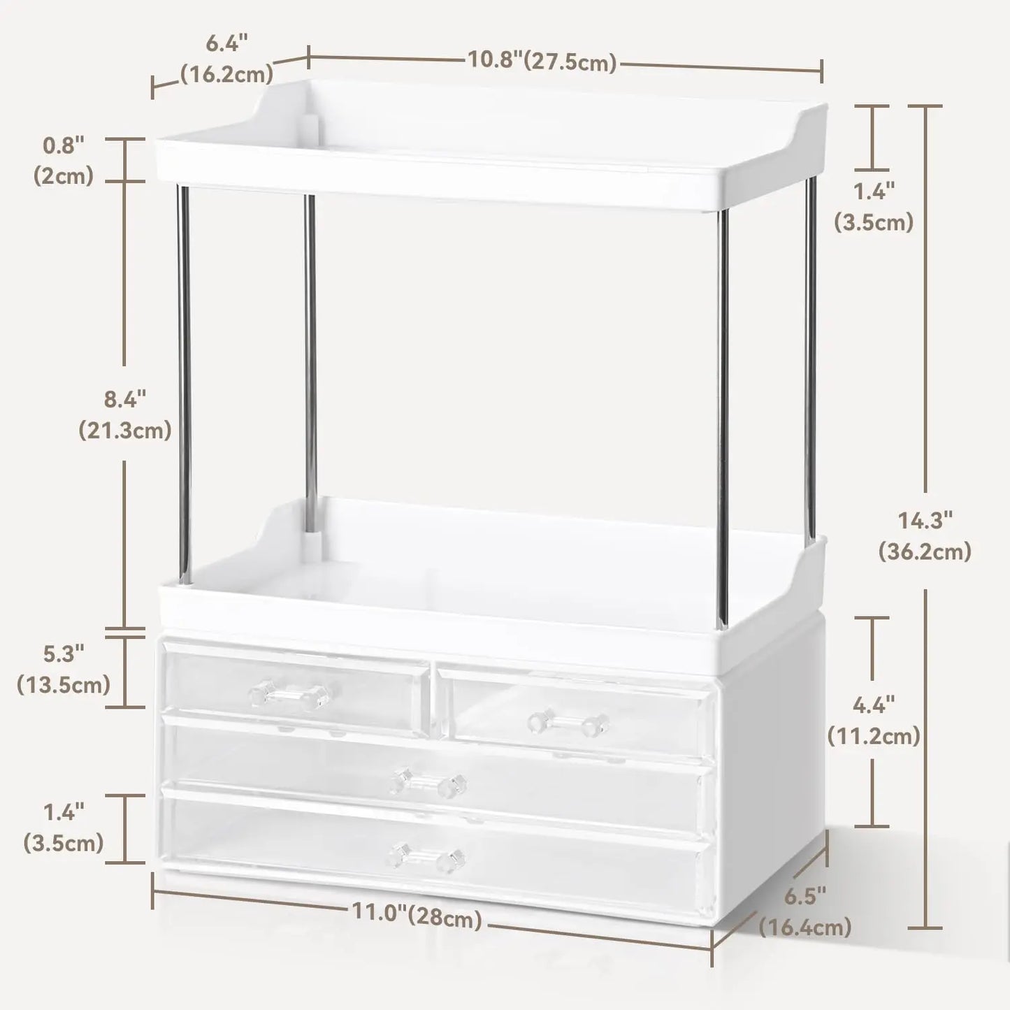 Bathroom Organizers and Storage, 5-Tier 4-Drawer Makeup Organizer Countertop, Large Vanity Organizer for Cosmetics, Skincare &