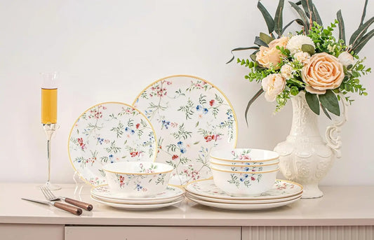 Bone China Plates and Bowels,12-Pieces Dinnerware Sets, Highly Chip and Crack Resistant, Dishwasher & Microwave Safe Dishes Set,