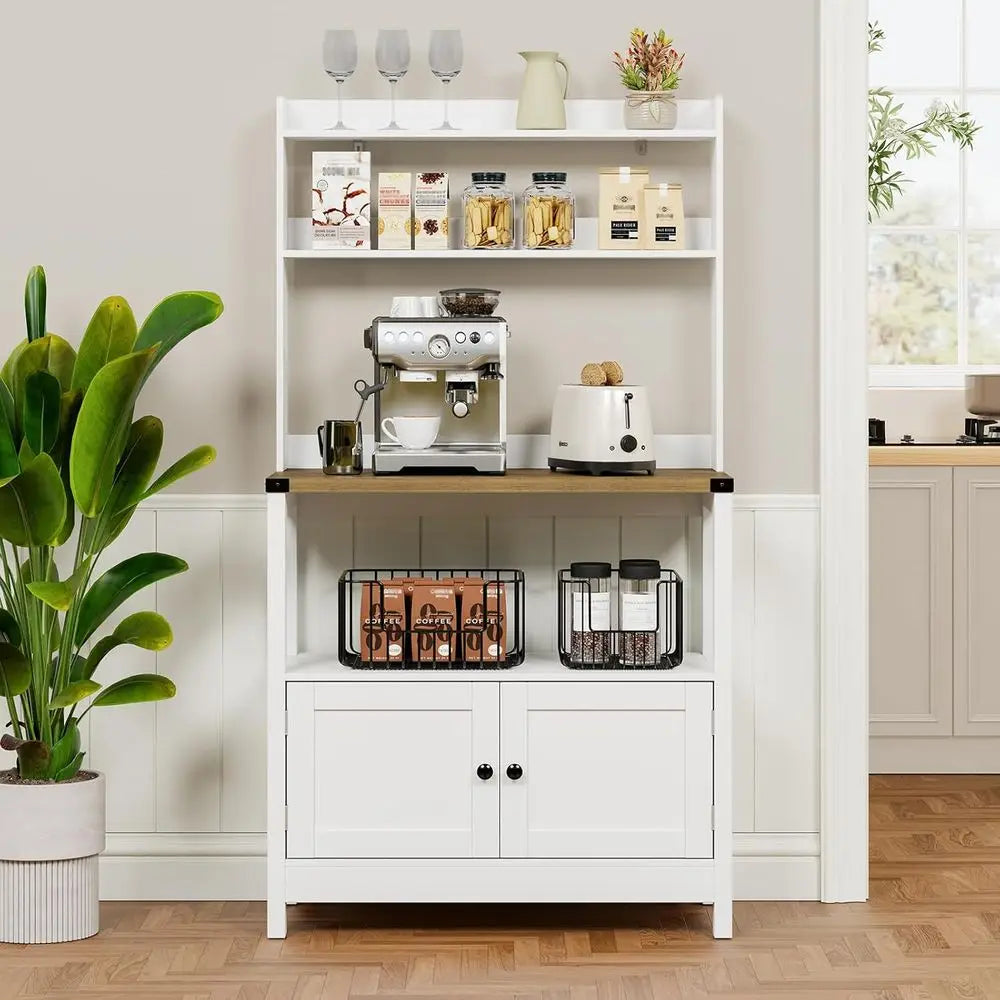 Stand Bakers Rack Cabinet, Freestanding 5-Tier Kitchen Shelves, Farmhouse Floor Hutch Door Thickened Counter,Utility S