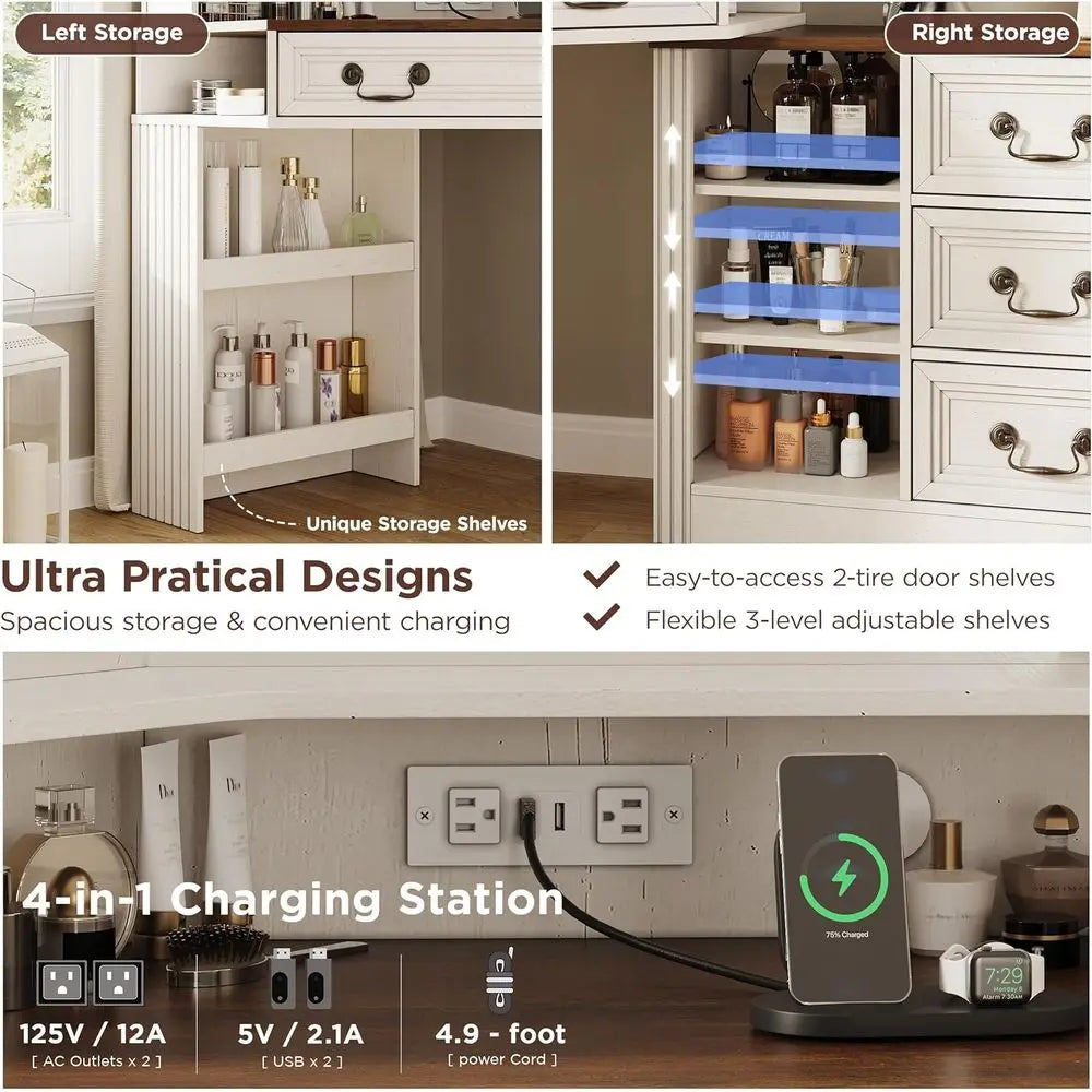 43 White Makeup Vanity Desk with 3-Way Mirror, Lights, Charging Station, and Storage