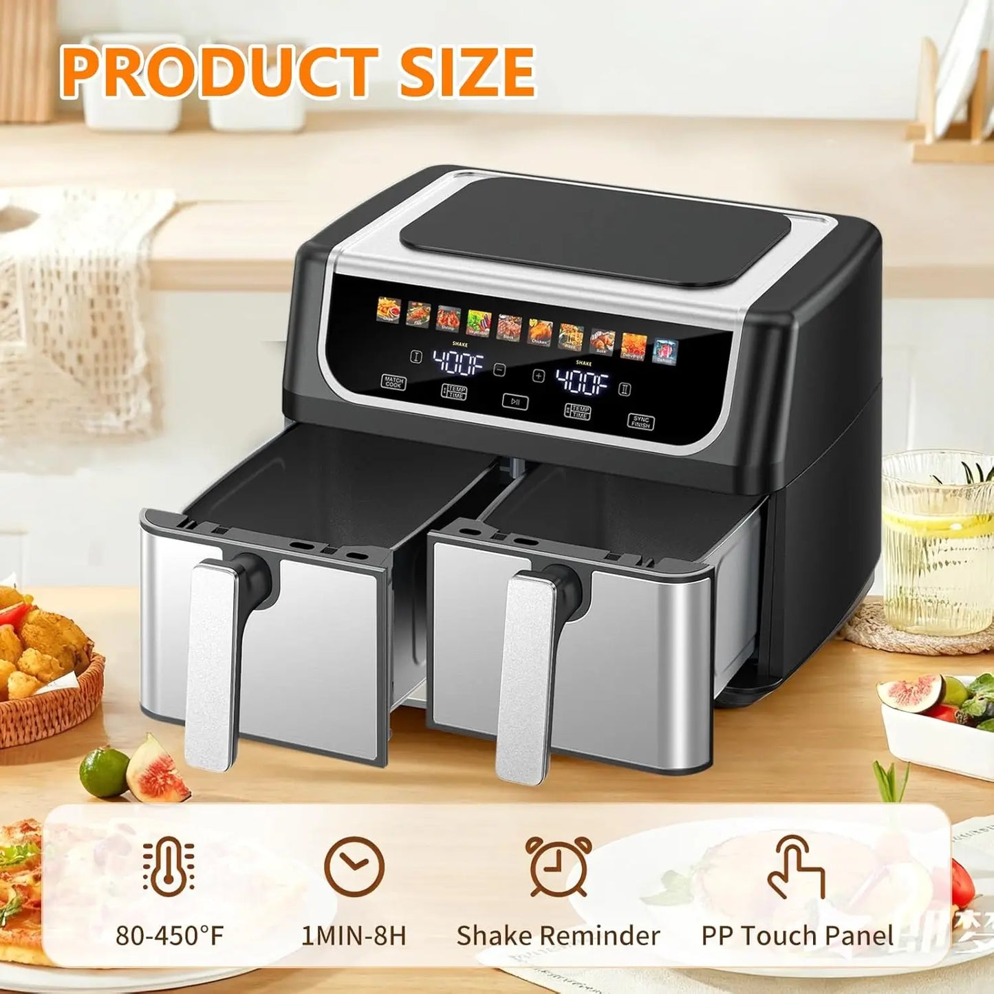 Dual Basket Air Fryer, 9.5 Quart Large Air Fryer with Double Basket, Black