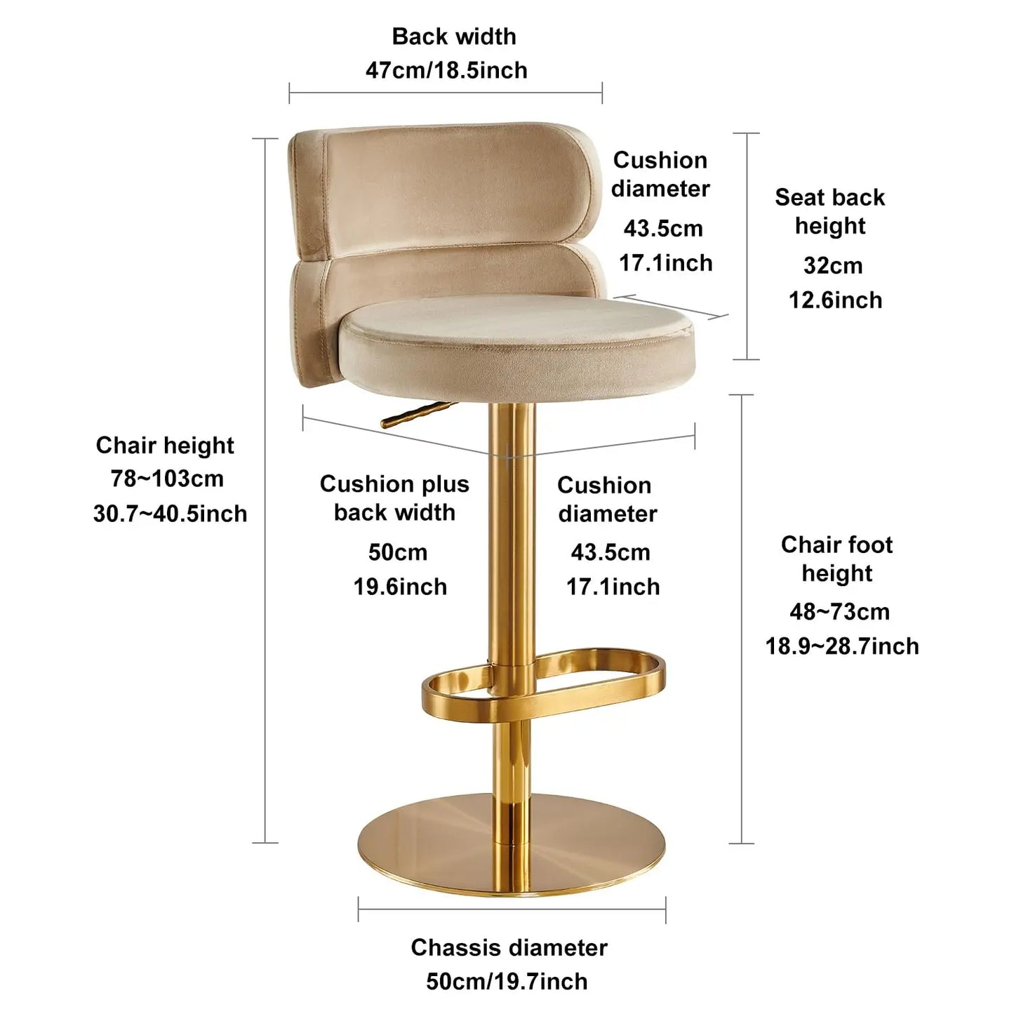 Modern  Single Velvet Upholstered Counter Stool with Gold Metal Leg and Foot Rest Premium Flannel Comfortable, Customized