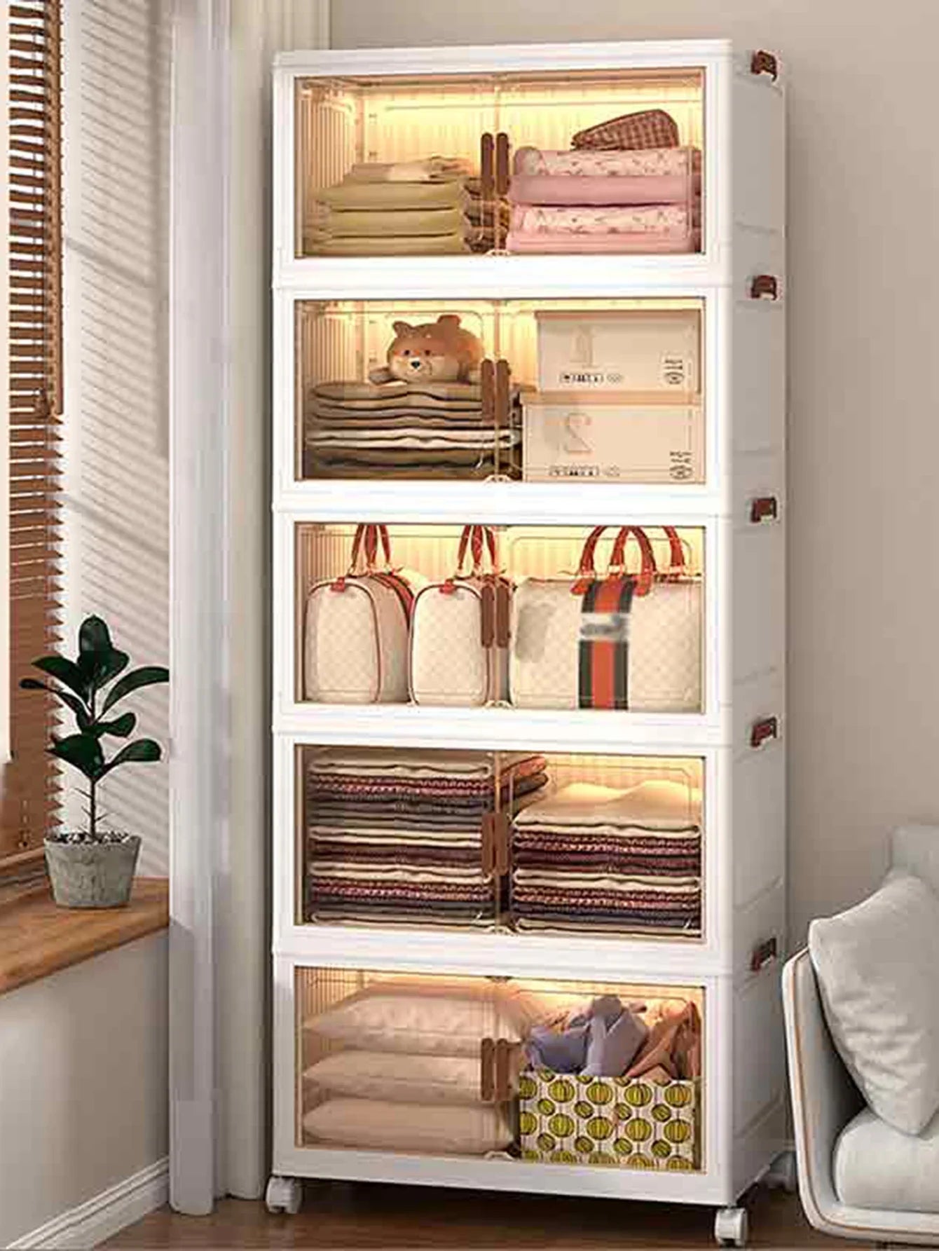 60cm 2/3/4/5 Layers Foldable Storage Cabinet with Wheels for Home Kitchen Bedroom Living Room Clothes Toy Shoes Storage Box