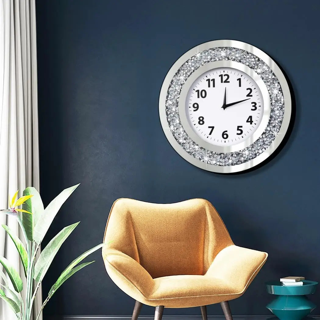 16x16 Inch Silver Crystal Diamond Mirror Wall Clock, Silent Quartz Movement, Modern Home Decor