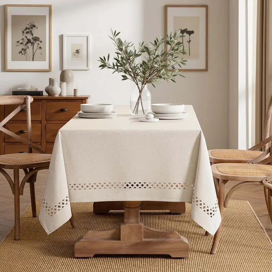 Beige Rectangle Linen Polyester Tablecloth with Decorative Cutouts Spring Waterproof Stain Resistant amp ShrinkProof Table Cloth