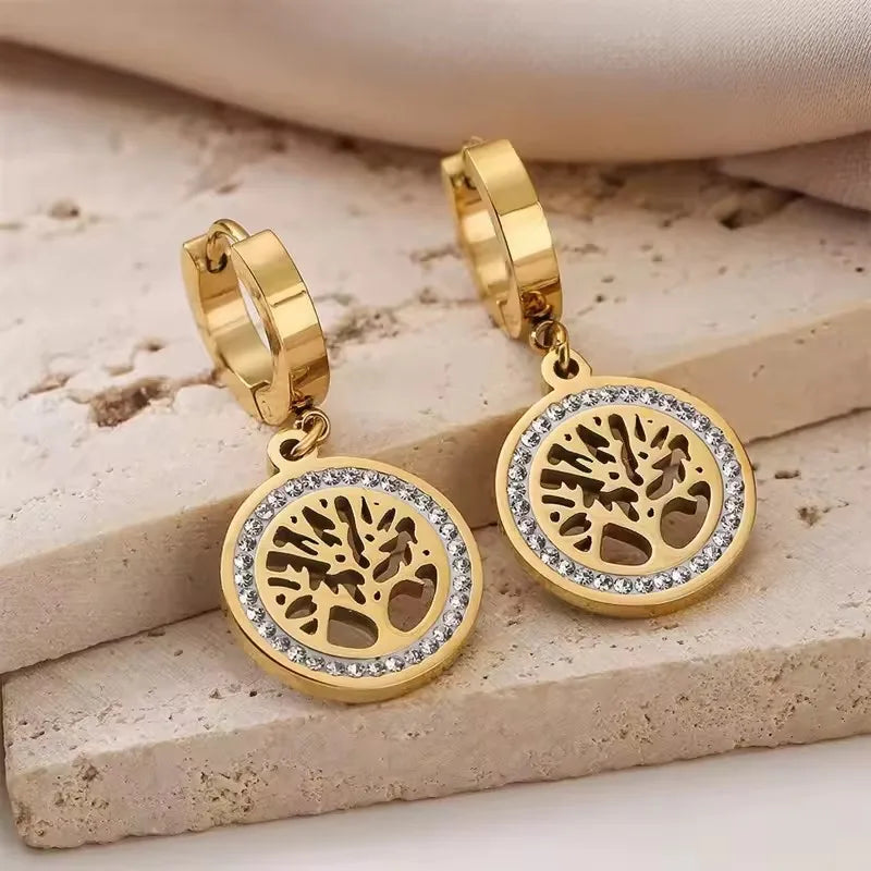 4pcs/Set Stainless Steel Hollow  Tree Of Life Peace Pendant Necklace Bracelet Earrings Ladies Wedding Jewelry Set