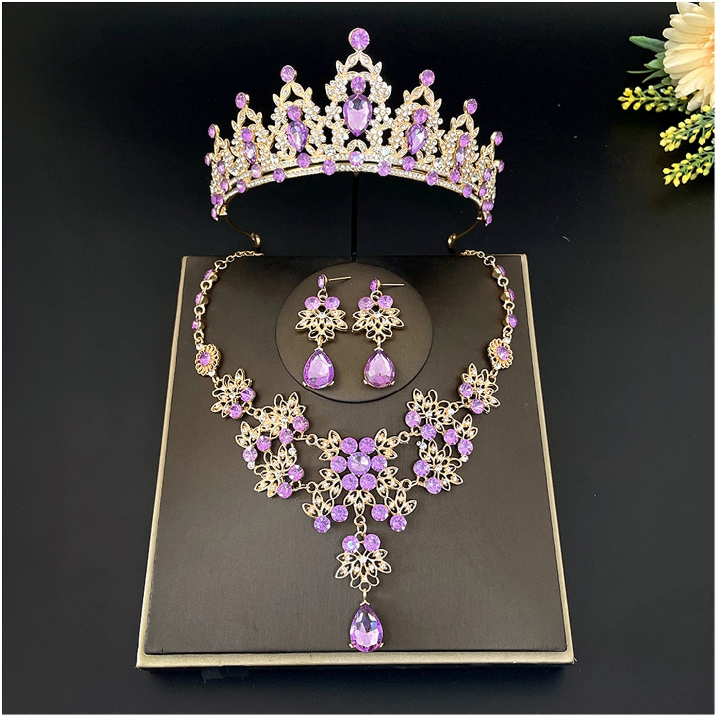 3-Pack Wedding Tiara Necklace Earrings Tiara Earrings Necklace Crystal Headband Dangle Earrings and Rings Sets for Bridesmaid