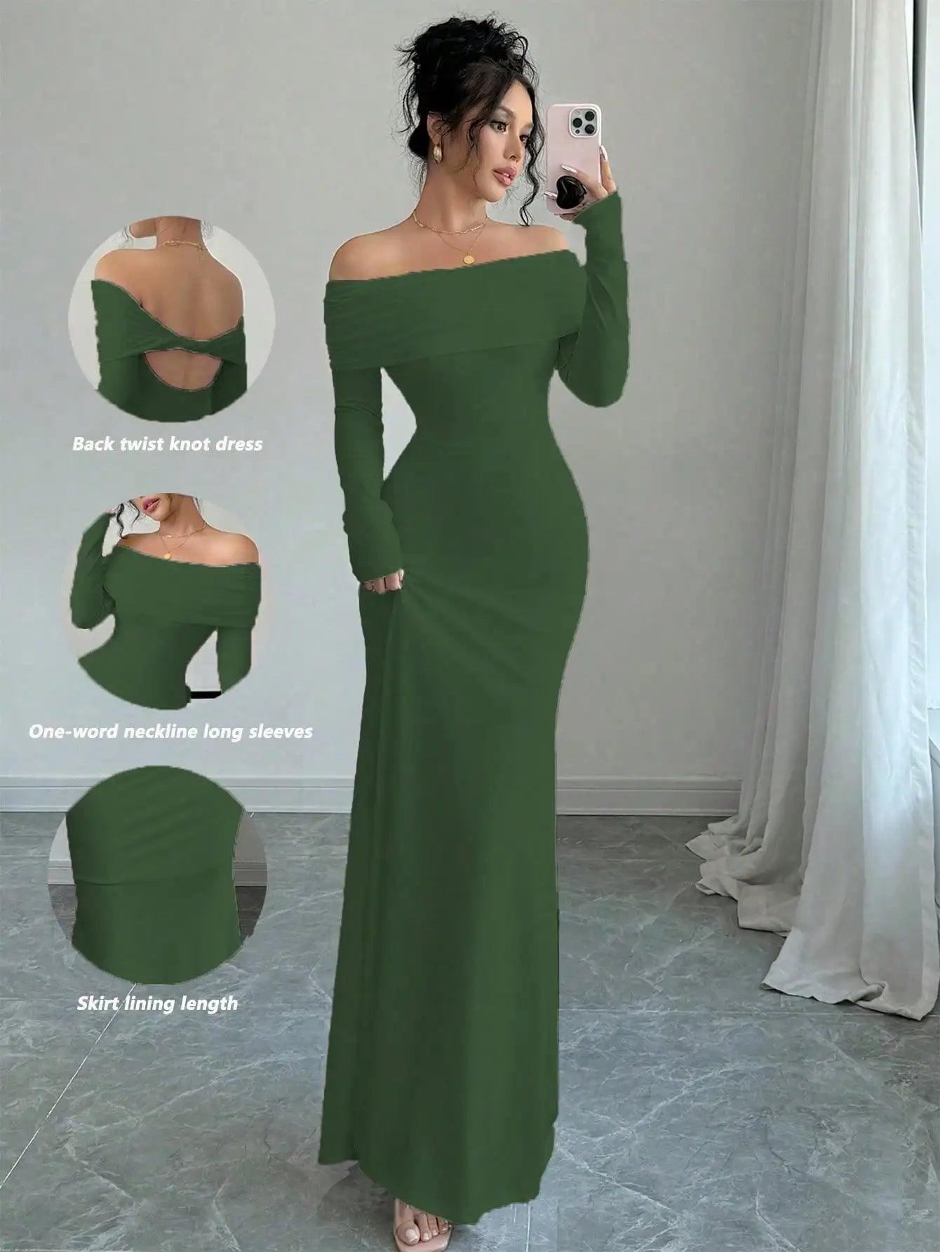 White Off-Shoulder Long Sleeve Maxi Dress with Back Twist Knot, Fitted Silhouette for Evening Events