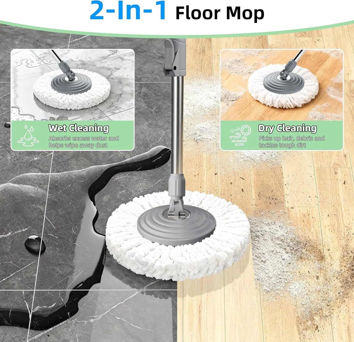 Upgraded Spin Mop Set with 4 Wheels, Separates Clean & Dirty Water, Includes 6 Washable Heads for Easy Floor Cleaning - Pink