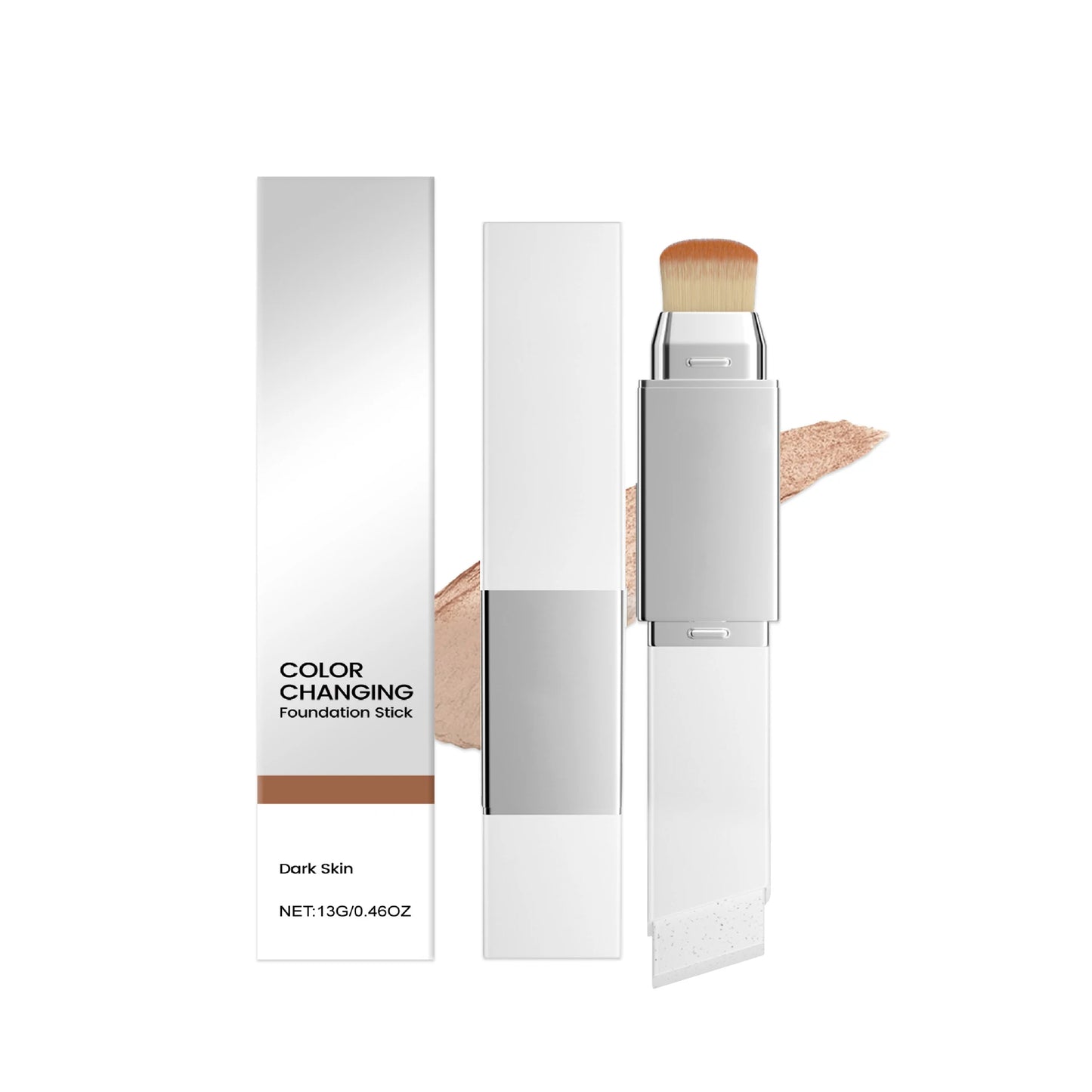 2-in-1 Color-Changing Foundation Stick Full Coverage Lightweight Moisturize Finish Base Makeup Dual-Ended with Detachable Brush