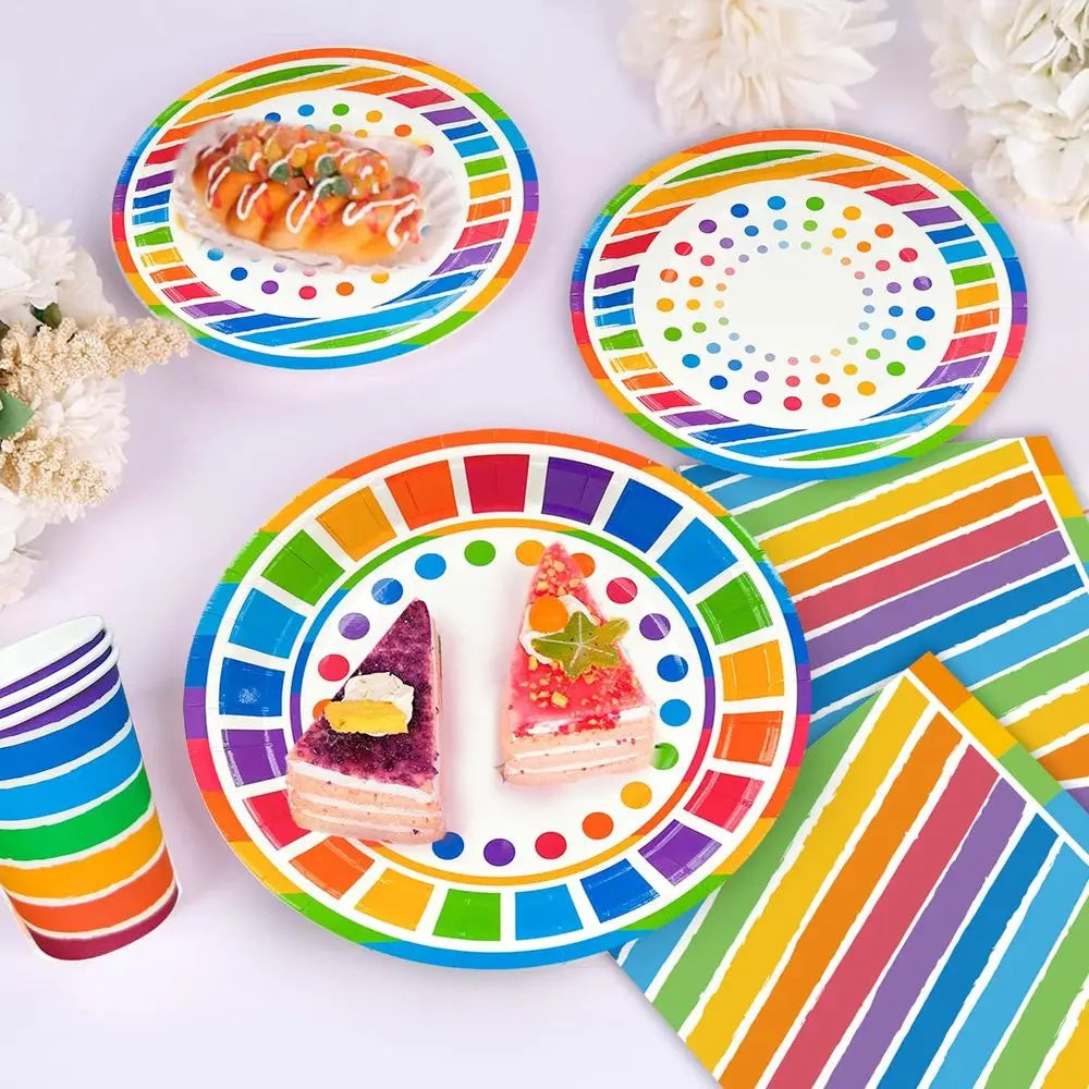166pcs Rainbow Birthday Party Decorations 20 Guests Colorful Party Tableware Set, Rainbow Party Plates Napkins Cups Balloons Ban