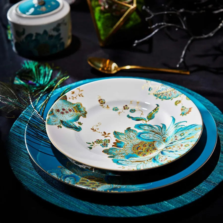 16Piece Porcelain Dinnerware Set for 4 Elegant Floral Plates and Bowls SetsWhite Teal Gold Ceramic Dishes Chip Resistant Kitche