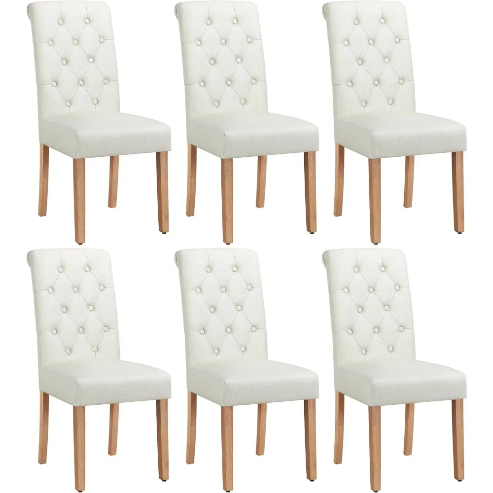 Dining Chair Set, 6 Upholstered Fabric Chairs, Button-up Tufted High Backs, Solid Wood Legs, Modern Style, Beige