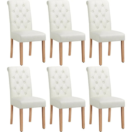 Dining Chair Set, 6 Upholstered Fabric Chairs, Button-up Tufted High Backs, Solid Wood Legs, Modern Style, Beige