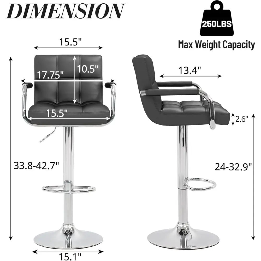 Set of 4 Adjustable Swivel Bar Stools, Square Counter Height Chairs with Arms, Large Base for Kitchen Island (Black)