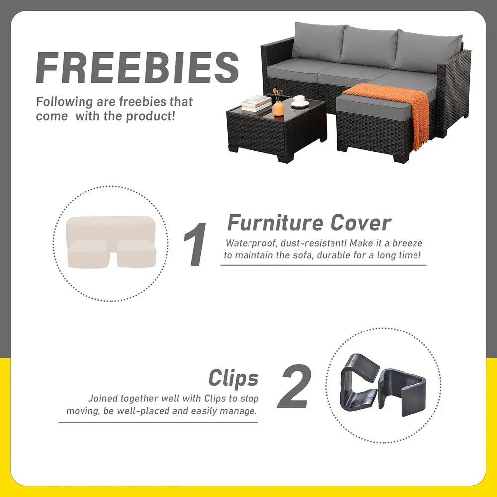 Wicker Patio urniture Patio Couch 3 Pieces Outdoor Sectional with Ottoman and Outdoor Glass Table Weathering Anti-Slip Cushions