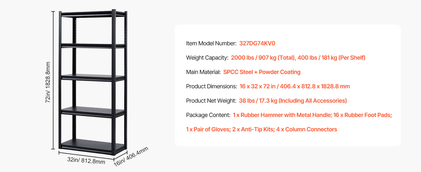 SucceBuy 5-Tier Garage Storage Shelves 2000 lbs Adjustable Metal Shelving Utility Rack Shelf for Kitchen Warehouse Basement