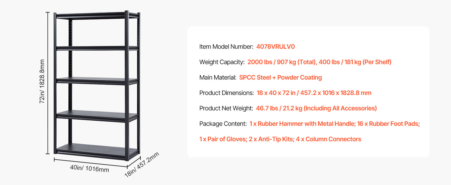 SucceBuy 5-Tier Garage Storage Shelves 2000 lbs Adjustable Metal Shelving Utility Rack Shelf for Kitchen Warehouse Basement